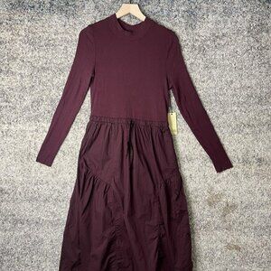 Nation LTD Dress Womens Small Burgundy Ribbed Mock Neck Pima Cotton Tiered Midi